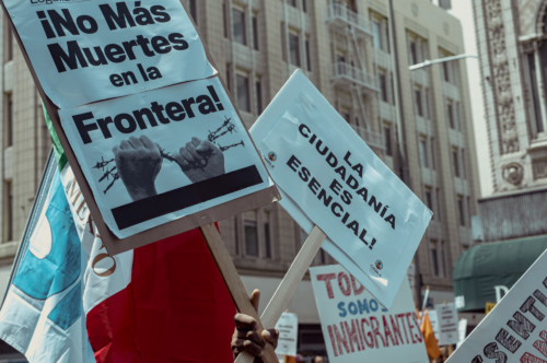 Close up of immigration protest signs.